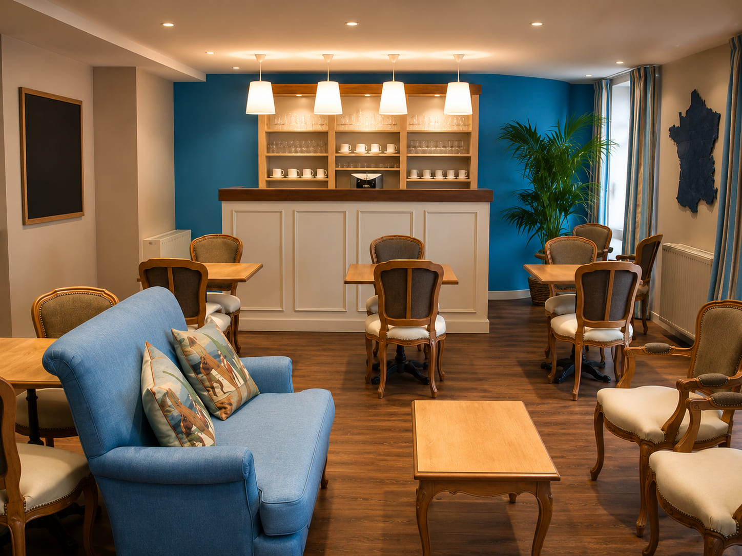 Restaurant seating area with a timber bar and upholstered chairs