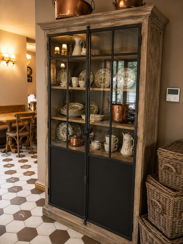 Vitrină înaltă din stejar cerat cu uși de sticlă în ramă de oțel negru într-o sală de bistro