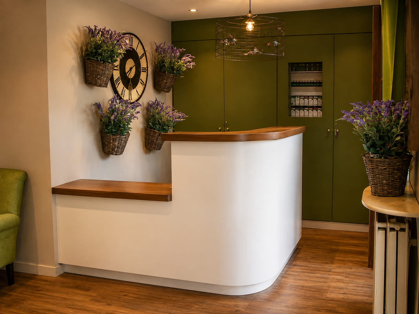 Curved white reception desk with a wooden top in an office lobby
