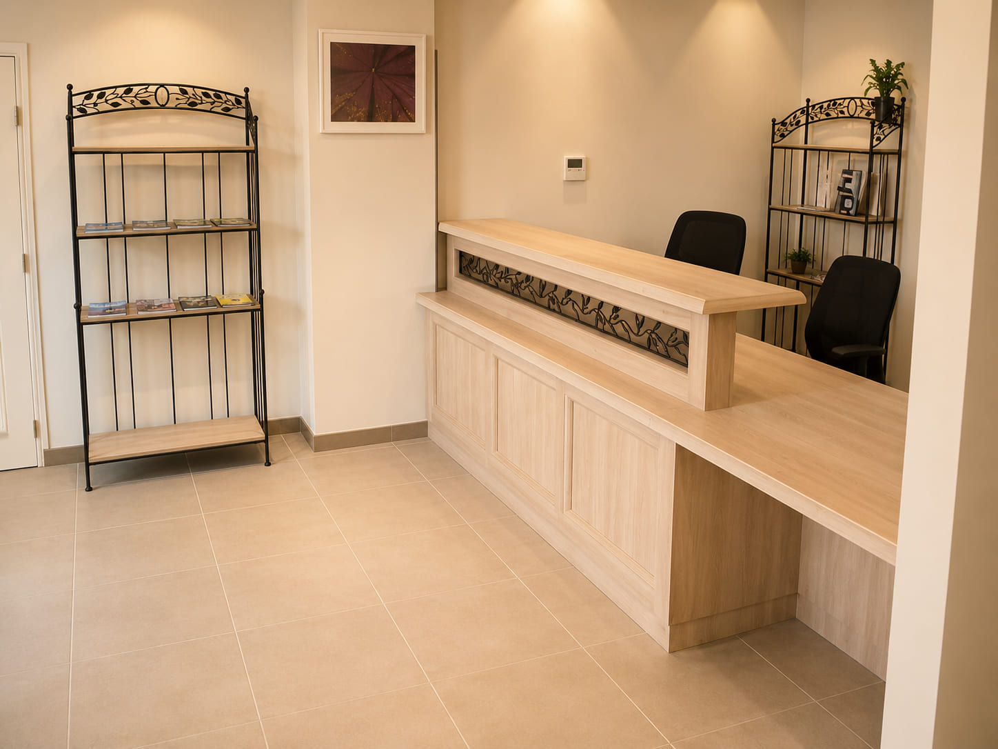 Pharmacy shelving and counter unit finished in white and green