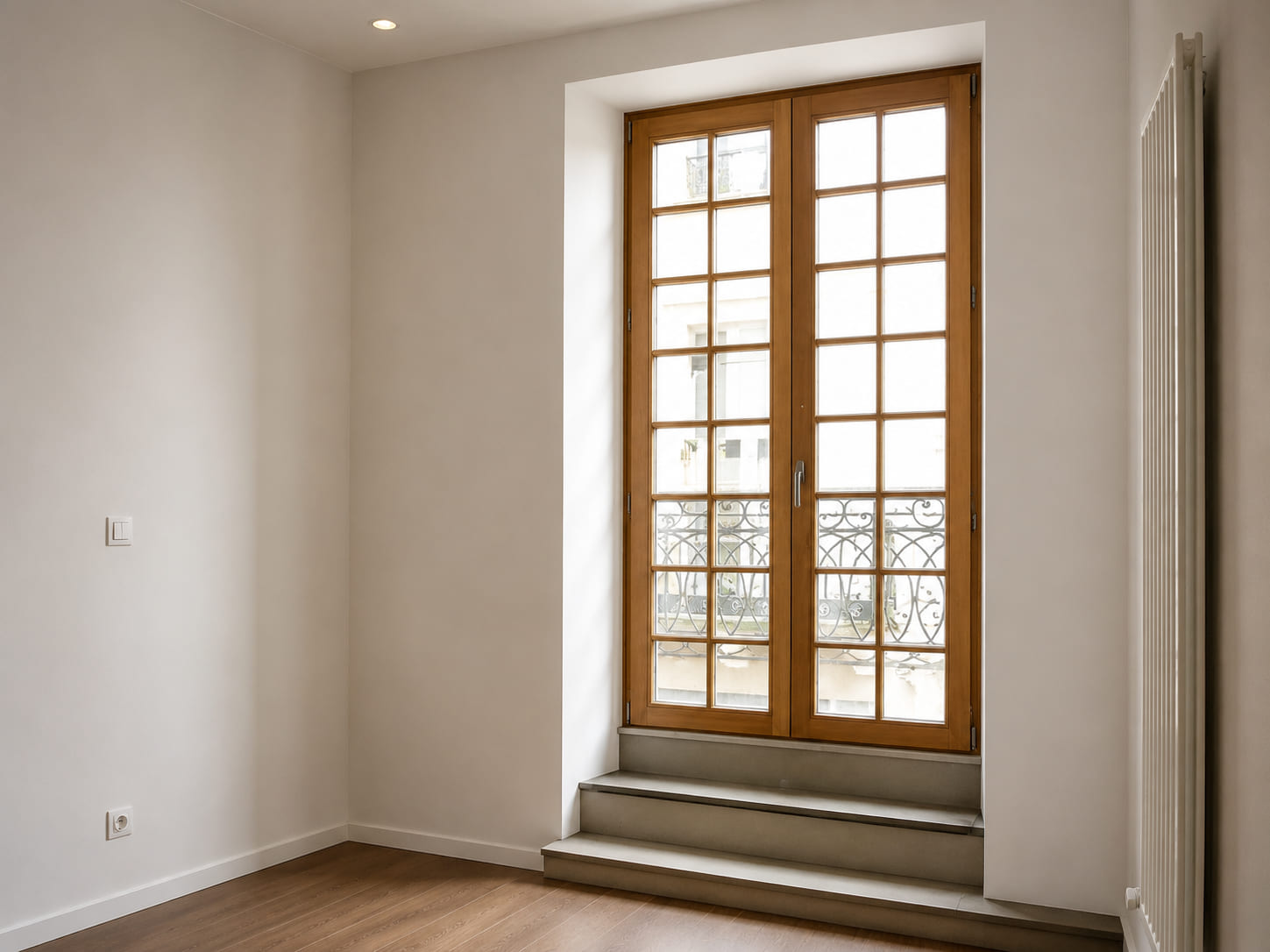 Corner section of a wooden tilt-and-turn window with double glazing