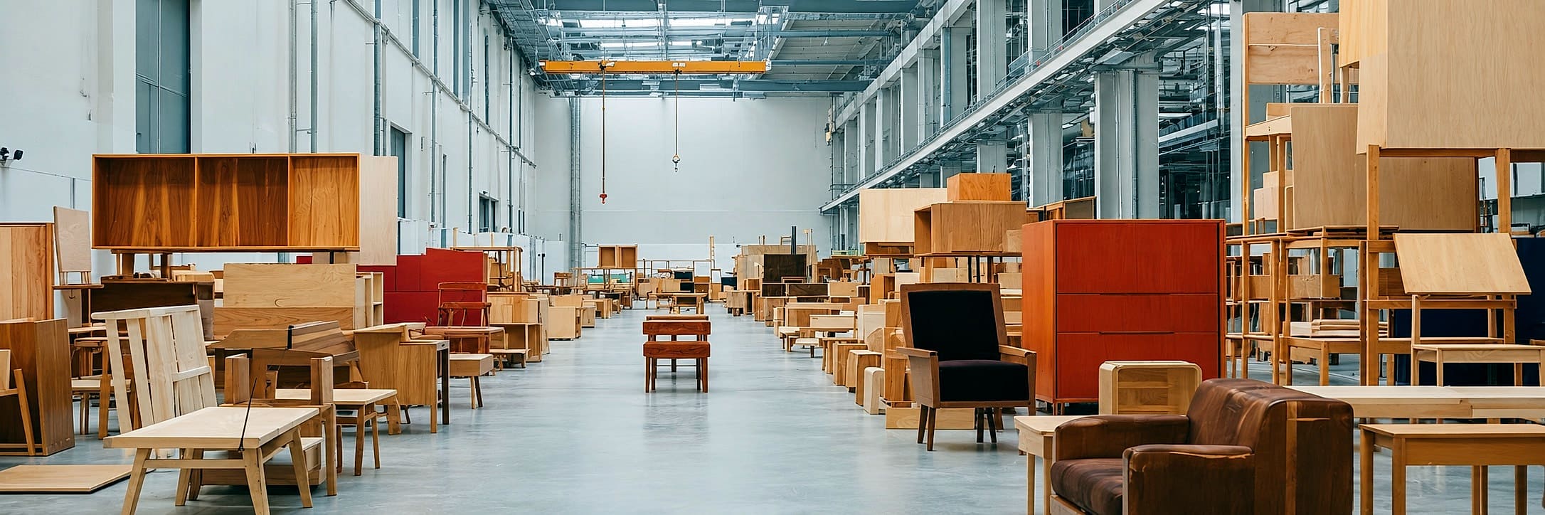 Atelier de production Deco Meuble aligné d'armoires, chaises et tables en bois finis