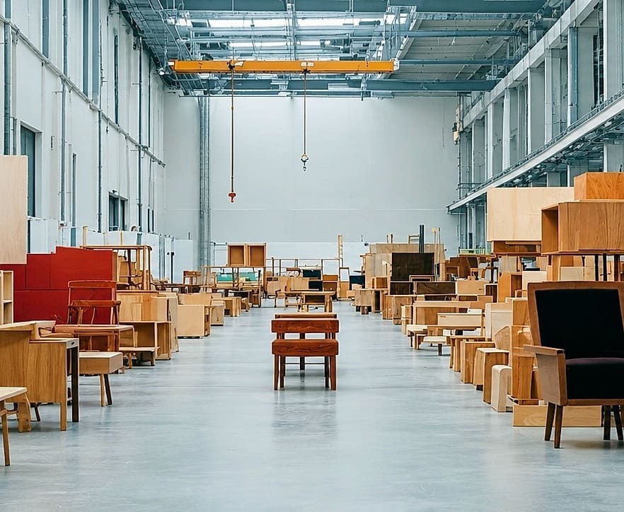 Deco Meuble production hall lined with finished wooden cabinets, chairs, tables and dressers